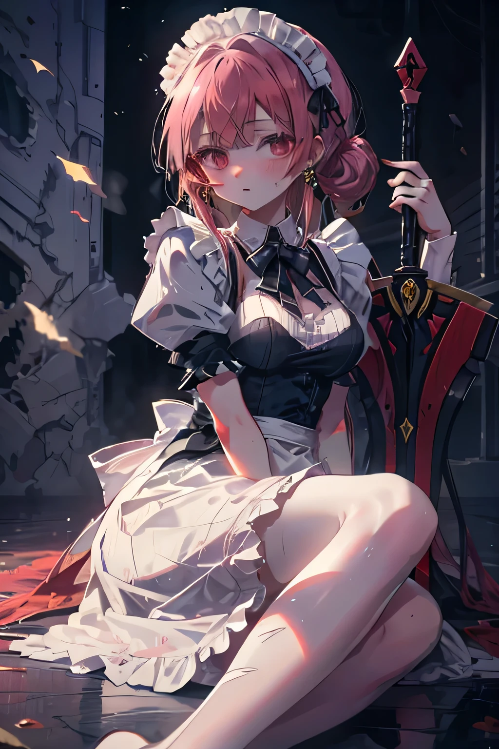  beautiful maid sitting on the floor and hurt picking up her sword,  annoying but pretty face , unknown background 