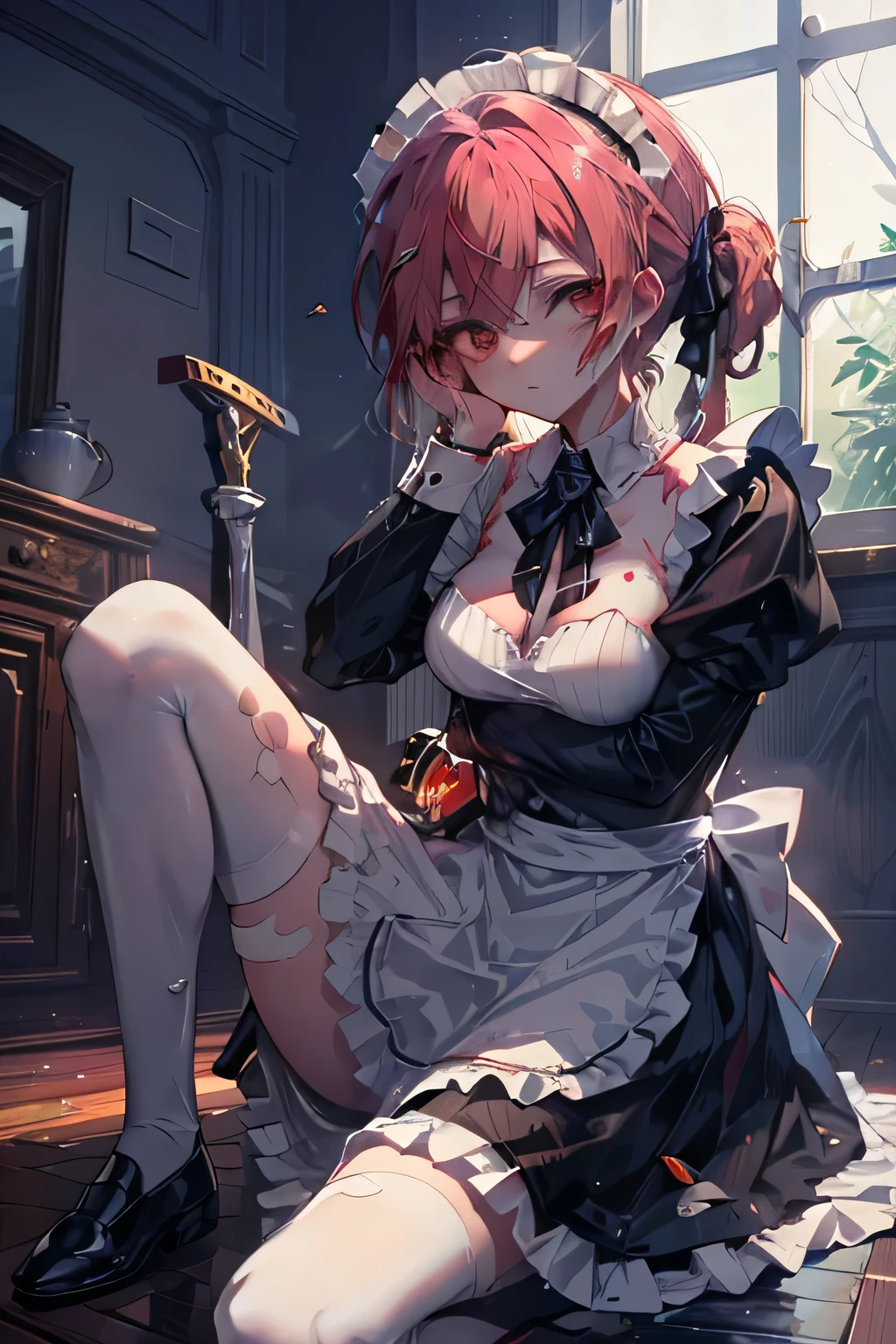  beautiful maid sitting on the floor and hurt picking up her sword,  annoying but pretty face , unknown background 