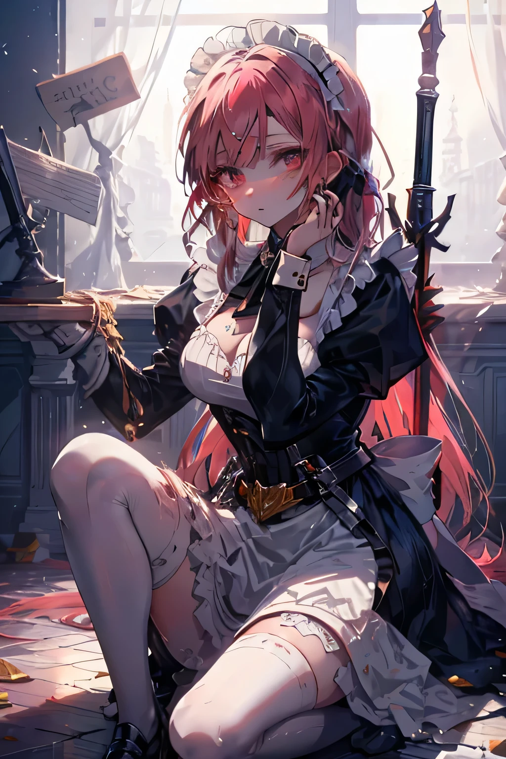  beautiful maid sitting on the floor and hurt picking up her sword,  annoying but pretty face , unknown background 