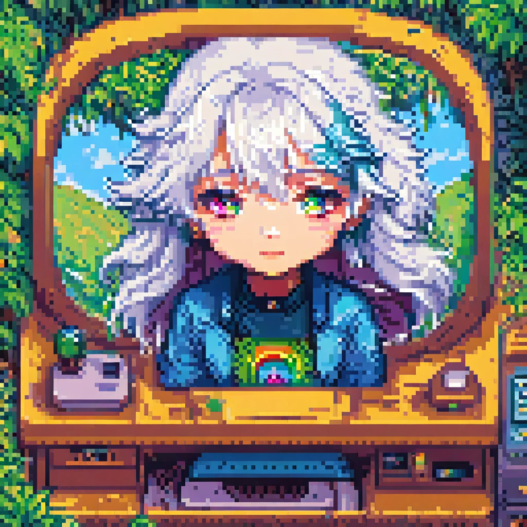 A detailed androgenous anime person done in whimsical kawaii style, sad rainbow eyes and white hair, sitting at a crt screen, done in high resolution pixel art