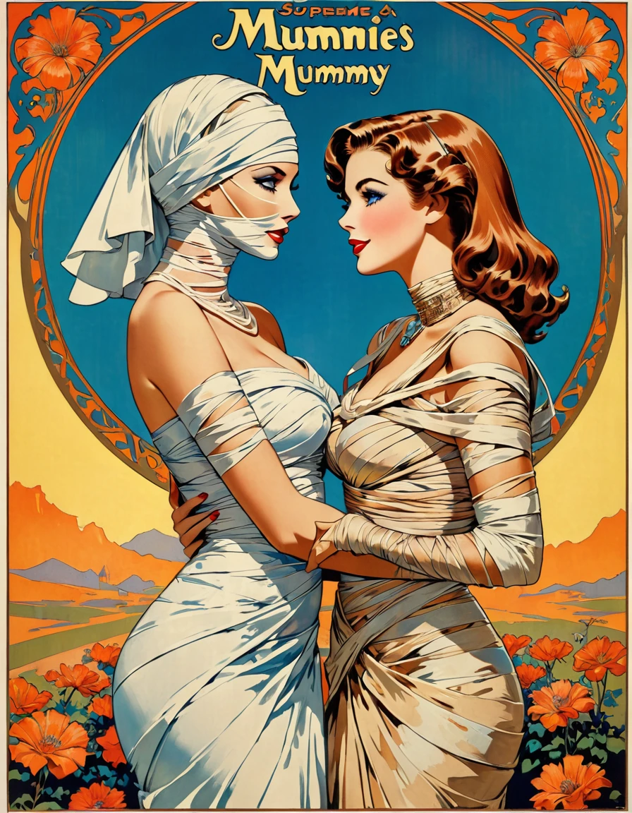 Retro movie poster of two mummies looking at each other and holding hands. Love romance, supreme love between bandaged gothic horror maiden mummy and young man mummy. High quality costumes, weird and creepy costumes, art nouveau, retro poster of mummy, art nouveau, 1950s movie posters, tumblr, lovely background, vintage images