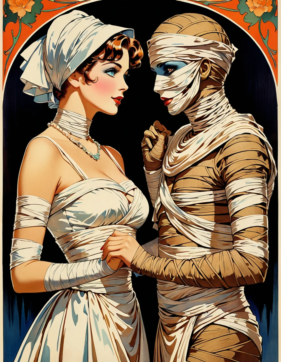 Retro movie poster of two mummies looking at each other and holding hands. Love romance, supreme love between bandaged gothic horror maiden mummy and young man mummy. High quality costumes, weird and creepy costumes, art nouveau, retro poster of mummy, art nouveau, 1950s movie posters, tumblr, lovely background, vintage images