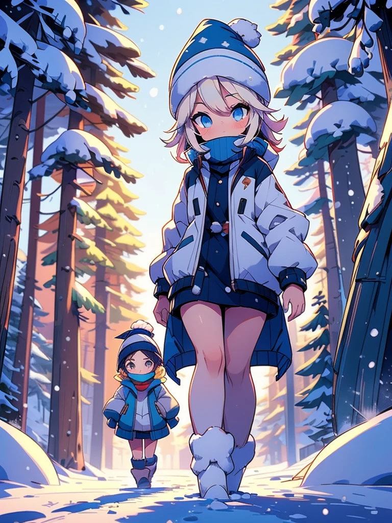 Score_9, Score_8, Score_7, (1girl), walking down a snowy path during the winter season, Tall women, (A women wearing nothing but a open jacket and snow cap walking about in a snowy winter wonderland with pine trees in the background), heavy jacket, looking at camera, (random poses)