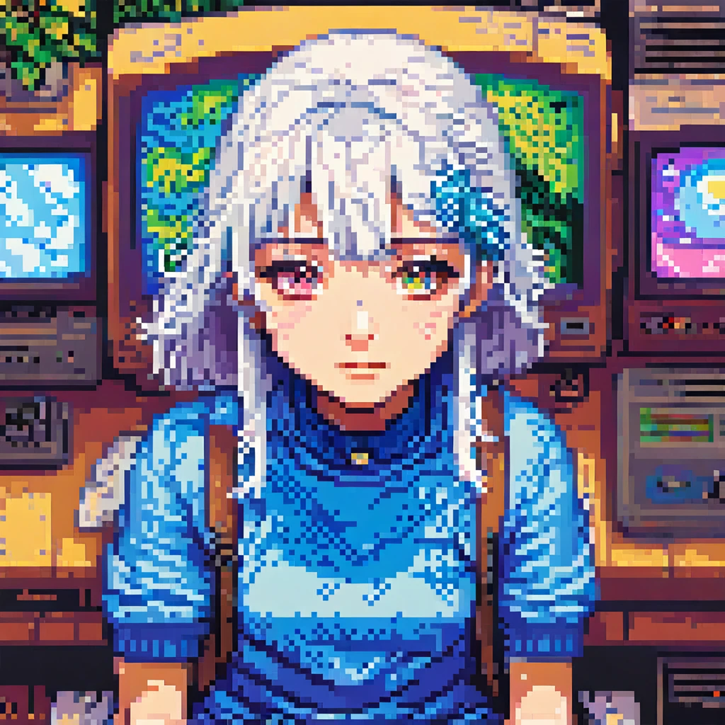 A detailed androgenous anime person done in shintaro Kago style, sad rainbow eyes and white hair, sitting at a crt screen, done in high resolution pixel art