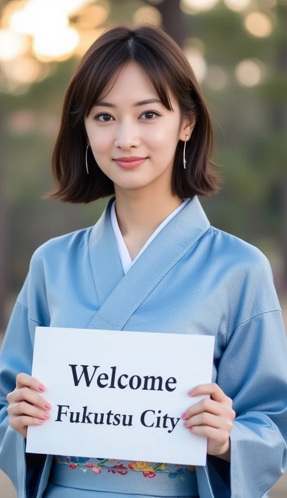 cowboy shot,  front view 1 woman, beautiful  Japanese  actress,   30-age, (black hair ,short hair, beautiful blue eye, smile), (C cup breasts, wide hip), ( Japanese traditional blue Kimono, kimono's below  flower pattern , White obi with flower pattern, obi string ) ,  White board hold both hands, writing word "Welcome Fukutsu City" front Shinto shrine, The Road of Light , sunset , (super detail, high details, high quality, accurate, anatomically correct, textured skin, beautiful fingers super detail, high details, high quality, best quality)