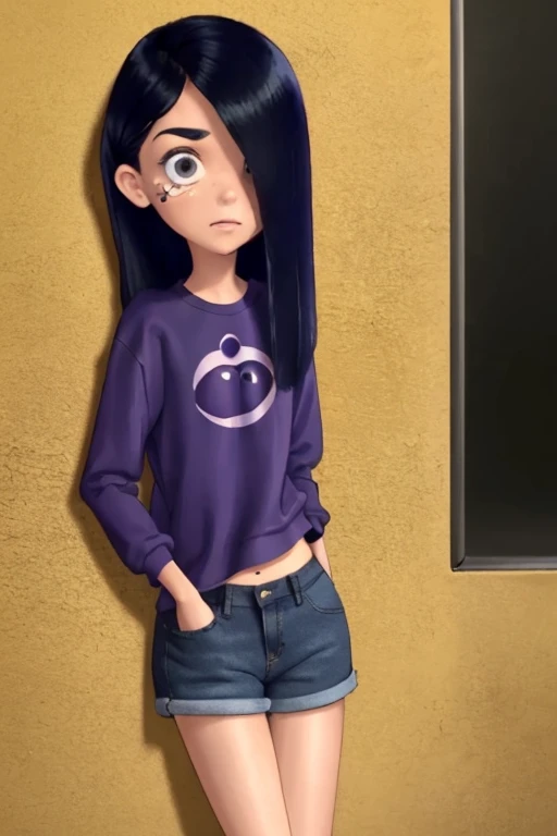 masterpiece,best quality, , 1girl, solo, VioletParr purple sweatshirt crop top, (short jean), butt, sneakers, hair over one eye, looking at viewer and face the wall, long black hair, shy, nsfw, pee