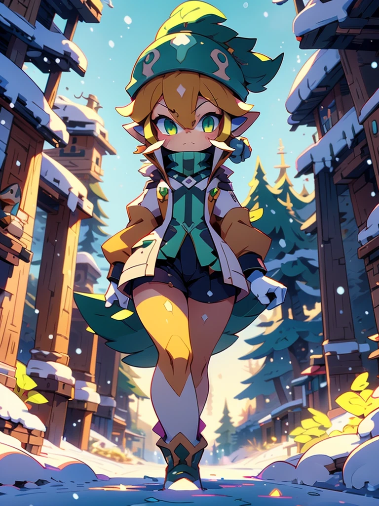 Score_9, Score_8, Score_7, Masterpiece, Hyper detailed, Best Quality, UHD, Ultra high resolution, (16K), 1girl), walking down a snowy path during the winter season, a very Tall women, (A women wearing nothing but a open jacket and snow cap walking about in a snowy winter wonderland with pine trees in the background), heavy jacket, looking at camera, (random poses), (Wakfu art style:1.4)