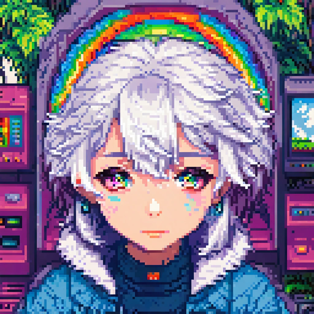 A detailed androgenous anime person done in kawaii future style, sad rainbow eyes and white hair, sitting in front of a crt screen, done in high resolution pixel art