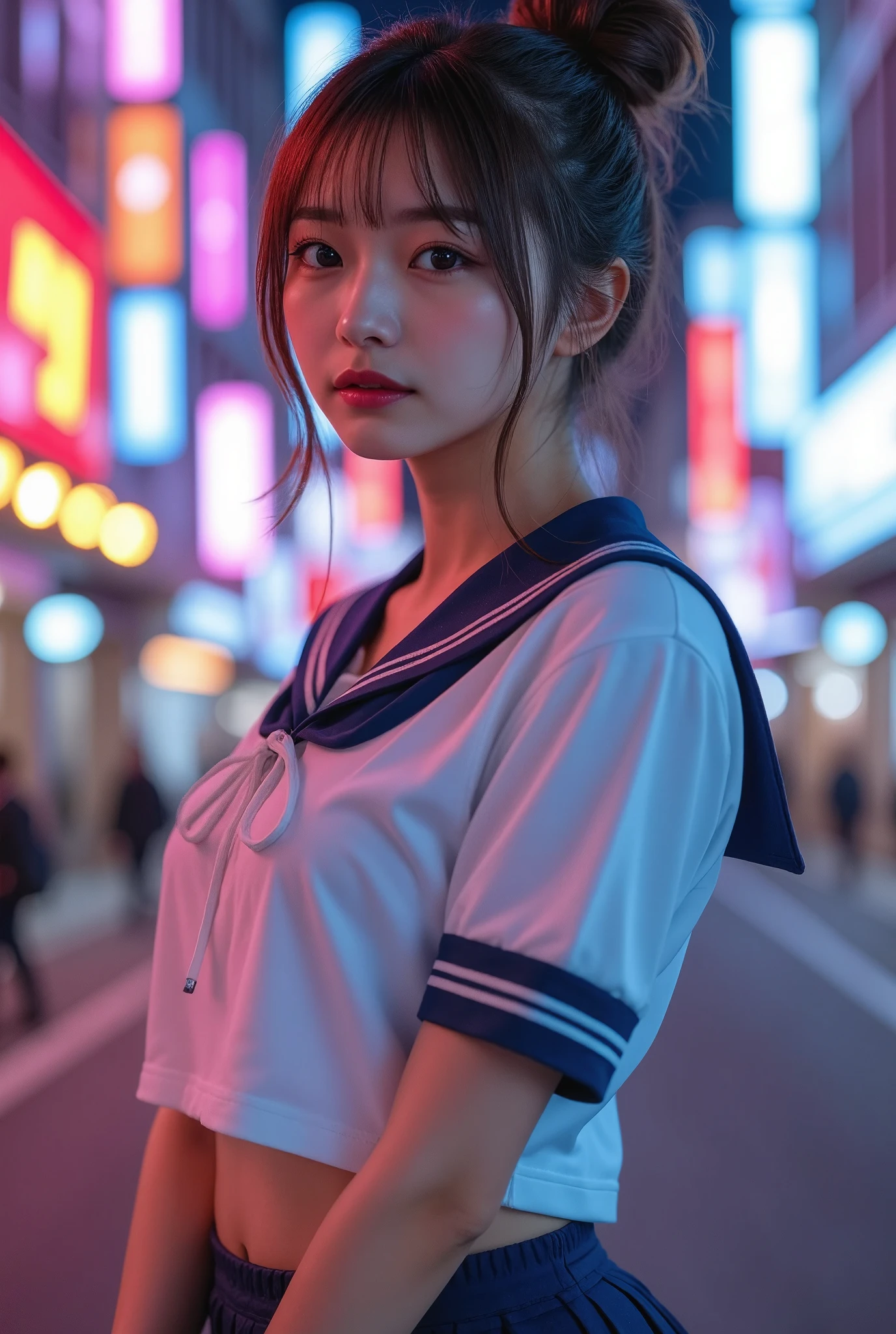 Colorful pop art pictures :1.37, Extreme realism:1.21, High Resolution Photos :1.21, High quality photos:1.21, high photorealism :1.21, ( best quality :1.37), 32k resolution, high dynamic range :1.5, very detailed :1.5, hyperrealism :1.5, Large File Size :1.5, masterpiece:1.21, noise reduction:1.5, Realistic:1.5, RAW photo:1.5, beautiful Japanese woman wearing a G jacket , extreme close up:1.1, Brown Hair Color, I have chignon's hair , She is wearing a uniform , traditional sailor uniform from a prestigious high school in Tokyo , white uniform , short-sleeved sailor suit that covers her chest:1.21, sera fuku:1.21, I can see my stomach, WEAR A NAVY BLUE PLEATED MINI SKIRT , pop neon city background , Cinema Lighting,