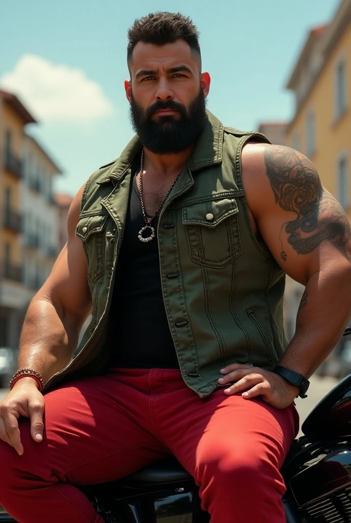 Man with black beard and no shirt standing in front of a truck, robusto e sujo, musculoso, bearded and built, wearing cap, masculino e robusto, verde pesado, Atarracado, Directed by: Alexander Fedosav, Maxim Sukharev, corpo robusto e encorpado, Corpos peludos, Directed by: Ludovit Fulla, by Hristofor Žefarović