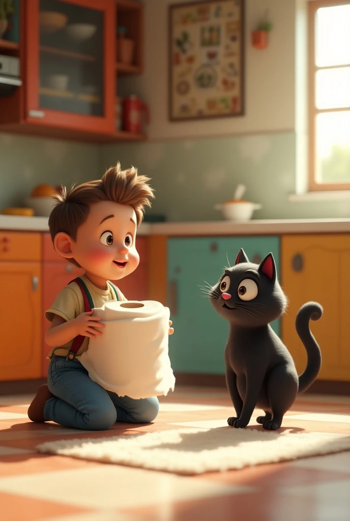 1 black cat wrapped in toilet paper, in a kitchen setting, cartoon style, 3D animation, comedic scene, heartwarming, vivid colors, young boy surprised, (best quality,4k,8k,highres,masterpiece:1.2),ultra-detailed,(realistic,photorealistic,photo-realistic:1.37)