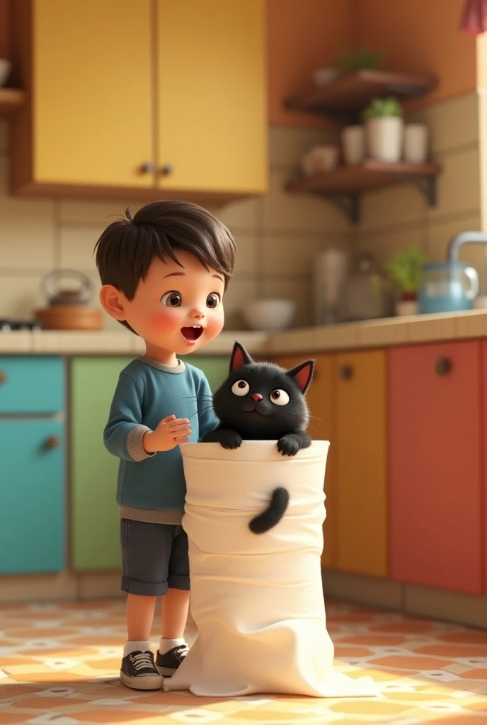 1 black cat wrapped in toilet paper, in a kitchen setting, cartoon style, 3D animation, comedic scene, heartwarming, vivid colors, young boy surprised, (best quality,4k,8k,highres,masterpiece:1.2),ultra-detailed,(realistic,photorealistic,photo-realistic:1.37)