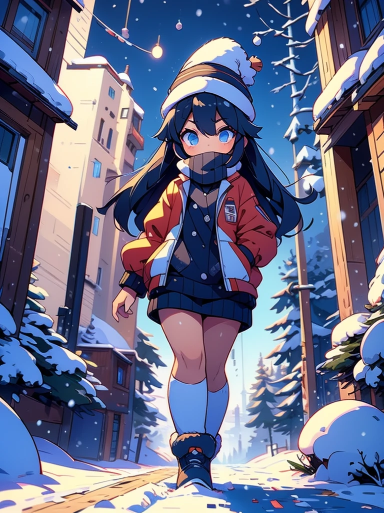 Score_9, Score_8, Score_7, Masterpiece, Hyper detailed, Best Quality, UHD, Ultra high resolution, (16K), 1girl), walking down a snowy path during the winter season, a very Tall women, (A women wearing nothing but a open jacket and snow cap walking about in a snowy winter wonderland with pine trees in the background), heavy jacket, looking at camera, (random poses)