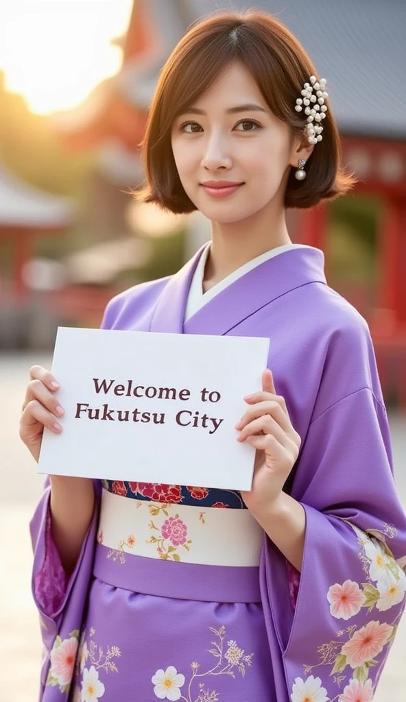 cowboy shot,  front view 1 woman, beautiful  Japanese  actress,   30-age, (black hair ,short hair, beautiful brown eye, smile, pearl earring, hair  decoration), (C cup breasts, wide hip), ( Japanese traditional violet Kimono, kimono's below  flower pattern , White obi with flower pattern, obi string ) ,  White board hold both hands, writing word "Welcome Fukutsu City" front Shinto shrine, The Road of Light , sunset , (super detail, high details, high quality, accurate, anatomically correct, textured skin, beautiful fingers super detail, high details, high quality, best quality)