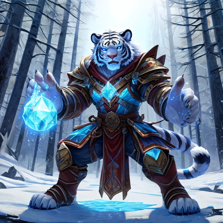 Solo, White Tiger Folk, Male, Snowy forest, Mage armor, powerful build, ready stance, White fur, equal height, Detailed Face ((white fur)), Ice spell, ice mage, detailed hands, 