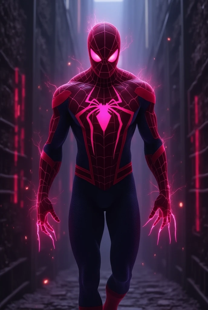 Spider-Man male male male version, muscular,  walking in a dark maze her fingerprints are neon pink, Her hands have neon pink light , (Men only) Anatomically correct,  masterpiece , Detail, Details altos, Detail, necessary,  High resolution , 