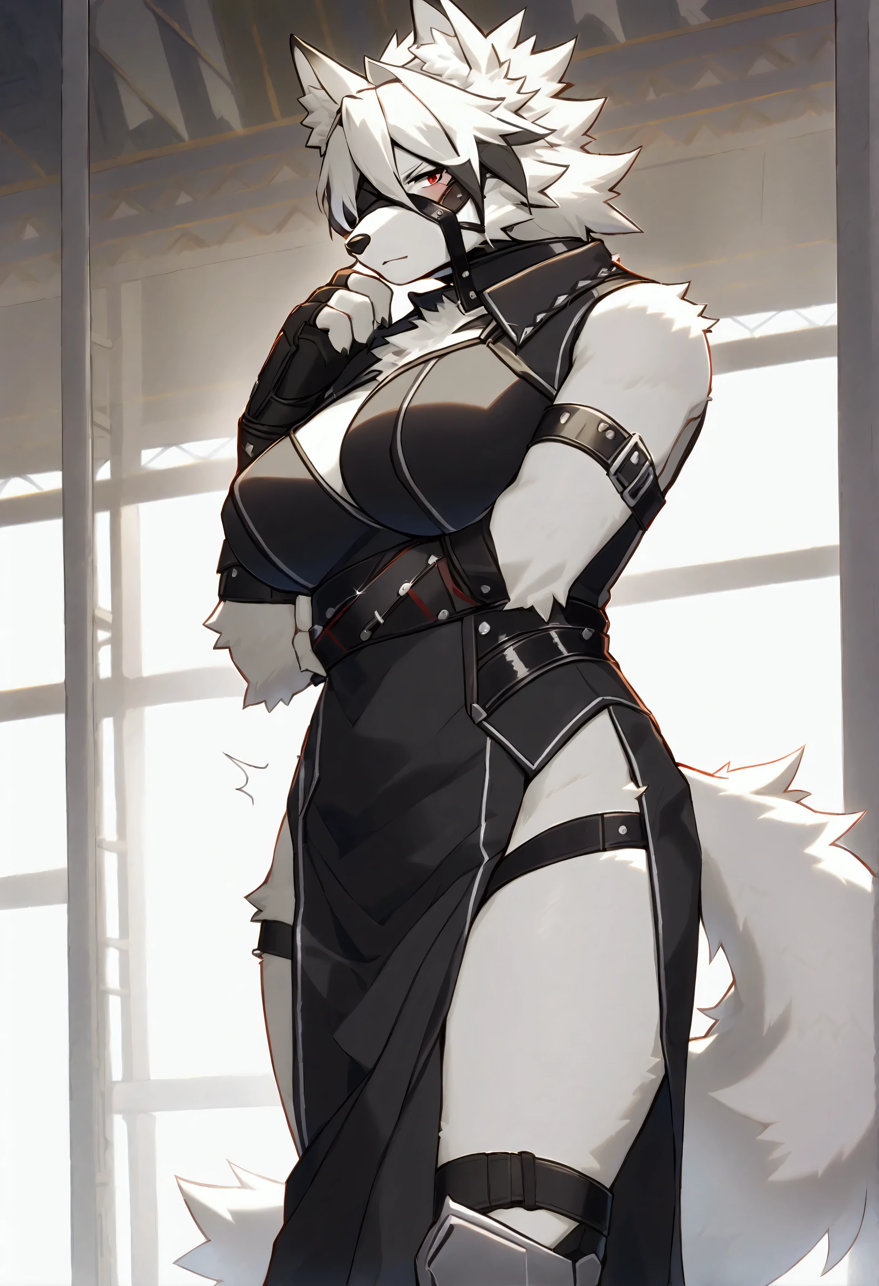 (top quality, best quality, Yamame513, High-quality illustrations, masterpiece, perfect artwork, cinematic light and shading, 16k, 1080p, uploaded on e621)(kemono, furry, anthro, alone), 1 female, (very detailed body, face, tail, arms, hands, legs, hair and eyes), wolf, Von Lycaon, (from Zenless Zone Zero), hunter body, white fur, fluffy body, big breasts, wolf tail, wolf ears, hair, perfect eyes, wolf eyes, eye patch on eye, red eyes, black pupils, beautiful maiden long dress, harness, prosthetic legs, body movement, body twitching, red blushing, shy, hand on belly, protective, looking at viewer