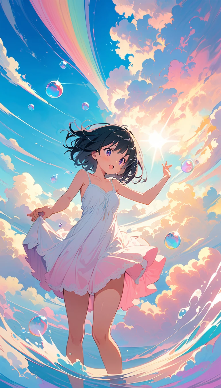 Best Quality, Supene, 8k, Incredibly absurd, Very detailed, 2.5D, Beautiful Goddess, Soap bubbles, Pastel colored clouds, Sunshine, Pop Art, Delicate and dynamic, Pastel Color Fantasy, Black Hair, Bobcut, Very young, Small breasts, Official Art