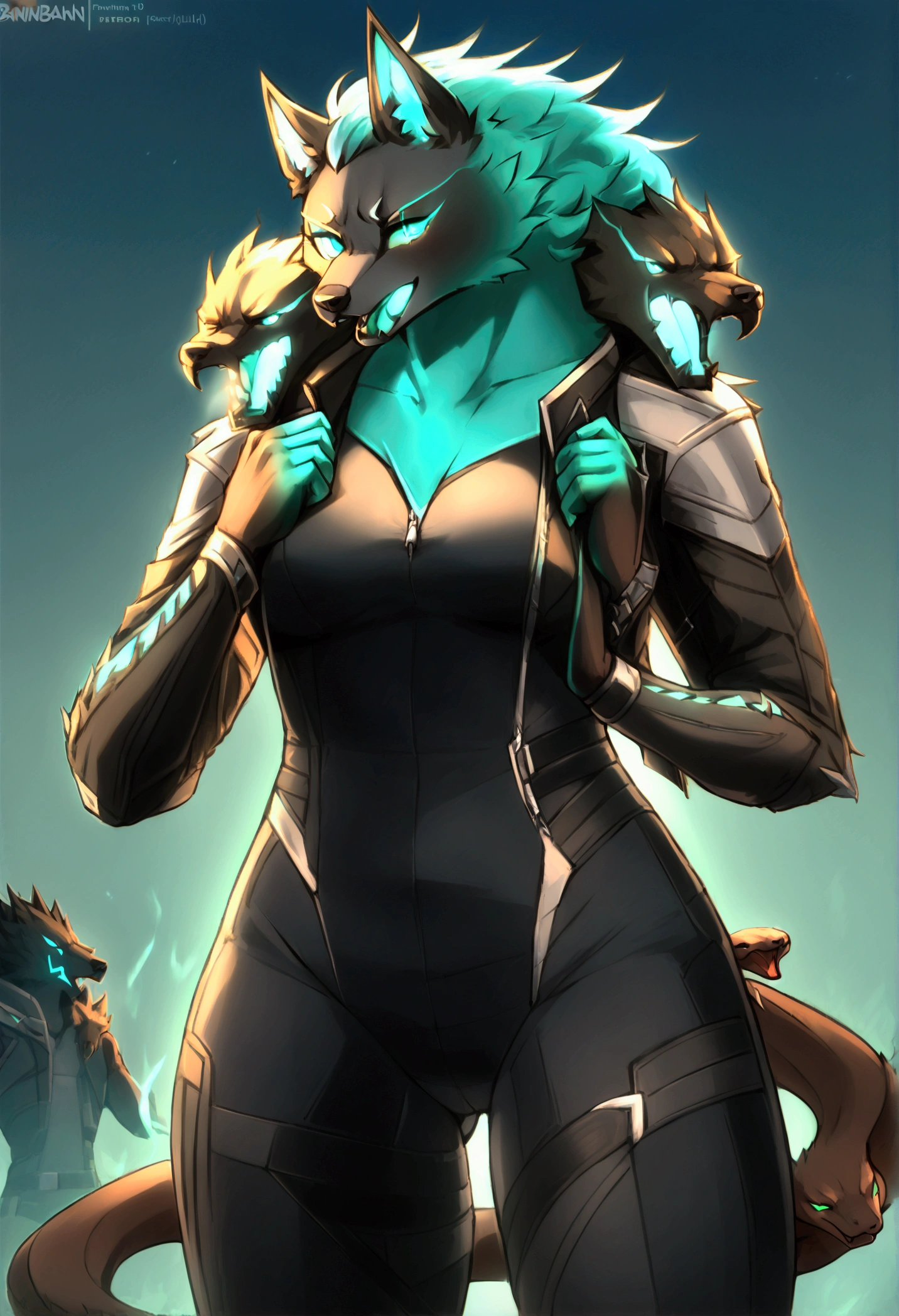 (top quality, best quality, Bahnbahn, High-quality illustrations, masterpiece, perfect artwork, cinematic light and shading, 16k, 1080p, uploaded on e621)(kemono, furry, anthro, alone), 1 female, (very detailed body, face, tail, arms, hands, legs, hair and eyes), wolf, Cerberus, (Fortnite), hunter body, black body, wolf ears, snake tail, wide hips, hair, perfect eyes, green glowing sclera eyes, beautiful one-piece bodysuit, beautiful leather jacket, beautiful leather legwear, body movement, body twitching