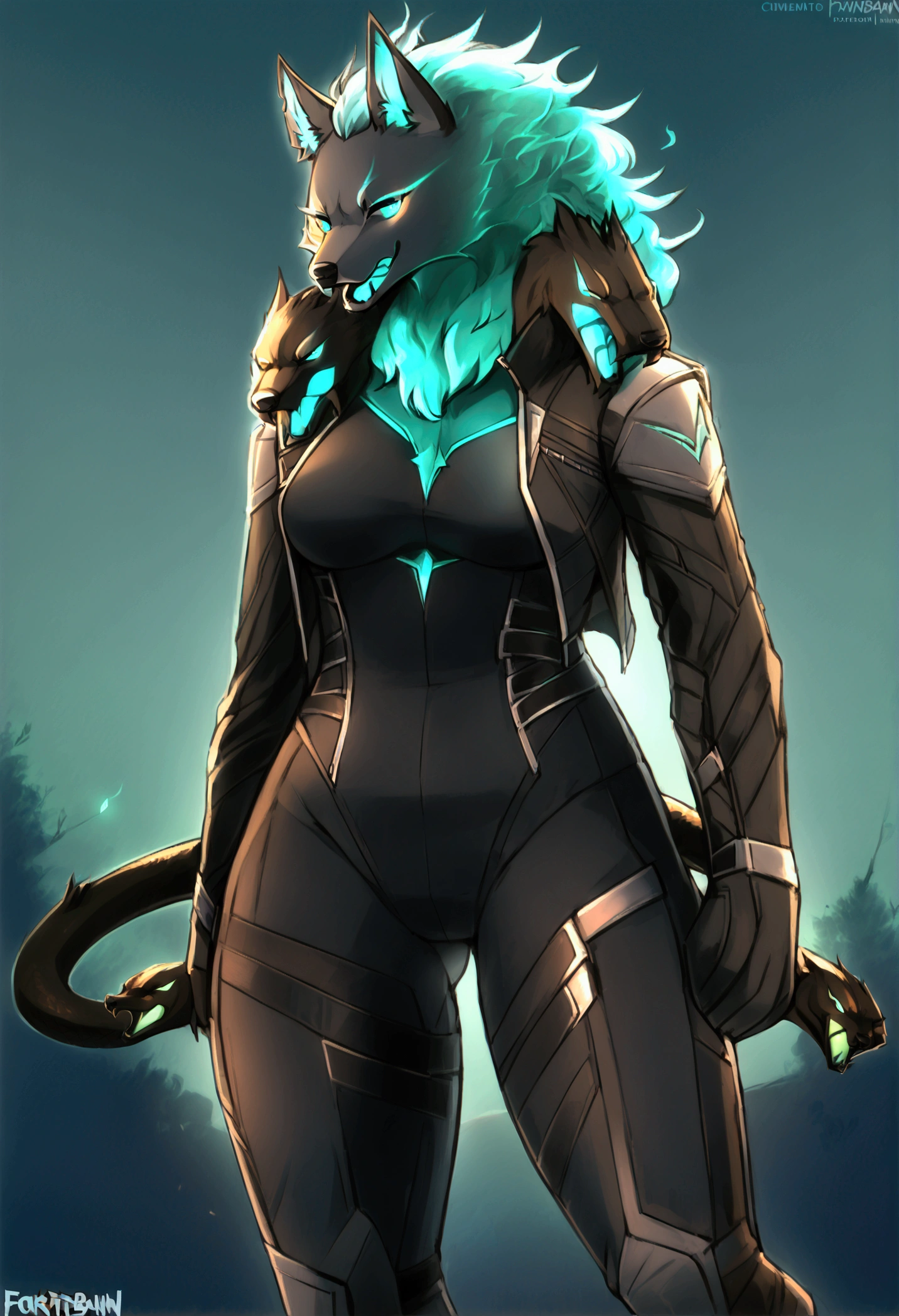 (top quality, best quality, Bahnbahn, High-quality illustrations, masterpiece, perfect artwork, cinematic light and shading, 16k, 1080p, uploaded on e621)(kemono, furry, anthro, alone), 1 female, (very detailed body, face, tail, arms, hands, legs, hair and eyes), wolf, Cerberus, (Fortnite), hunter body, black body, wolf ears, snake tail, wide hips, hair, perfect eyes, green glowing sclera eyes, beautiful one-piece bodysuit, beautiful leather jacket, beautiful leather legwear, body movement, body twitching