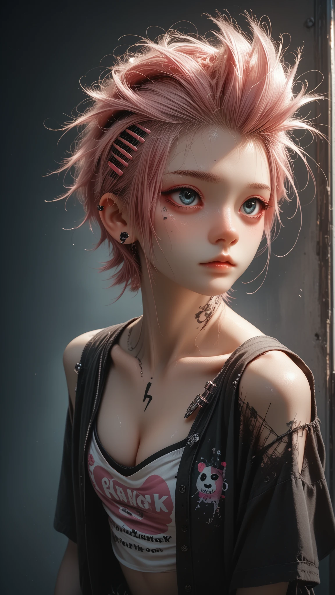 a detailed photograph of a young japanese woman with an extravagant pink Mohawk, bratty, punk rock, extremely realistic, muted colors, soft lighting, 8k, hi-res, small breasts, cleavage, 
