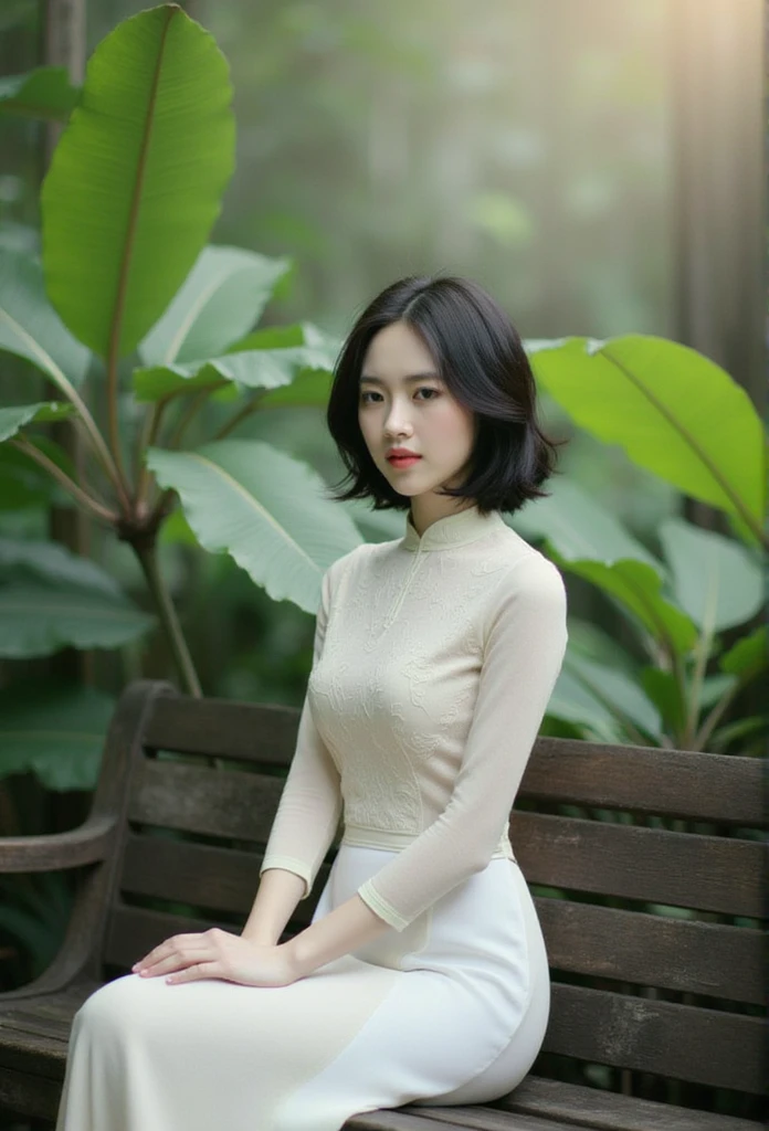 Close-up of a woman, a stunning Asian woman with delicate features, black short wavy Hair, slender body form, wearing a intricately patterned ao yem trang dress, crisp white top, and flowing white skirt, sitting serenely on a weathered wooden bench, enveloped by lush, vibrant green foliage with subtle hints of mist. Soft, warm light casts a gentle glow, accentuating her subtle, enigmatic smile, in ultra-high definition, photorealistic detail.