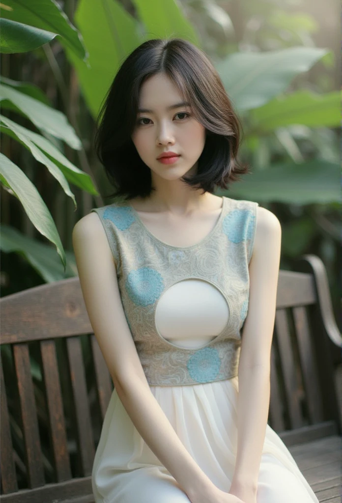 Close-up of a woman, a stunning Asian woman with delicate features, black short wavy Hair, slender body form, wearing a intricately patterned ao yem trang dress, crisp white top, and flowing white skirt, sitting serenely on a weathered wooden bench, enveloped by lush, vibrant green foliage with subtle hints of mist. Soft, warm light casts a gentle glow, accentuating her subtle, enigmatic smile, in ultra-high definition, photorealistic detail.