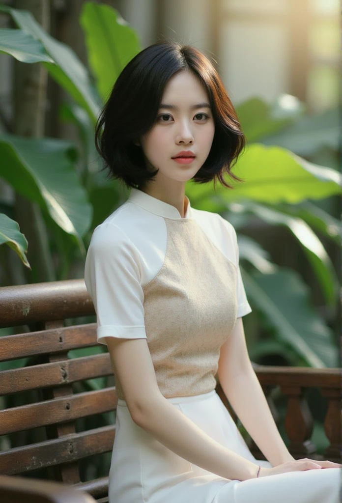 Close-up of a woman, a stunning Asian woman with delicate features, black short wavy Hair, slender body form, wearing a intricately patterned ao yem trang dress, crisp white top, and flowing white skirt, sitting serenely on a weathered wooden bench, enveloped by lush, vibrant green foliage with subtle hints of mist. Soft, warm light casts a gentle glow, accentuating her subtle, enigmatic smile, in ultra-high definition, photorealistic detail.