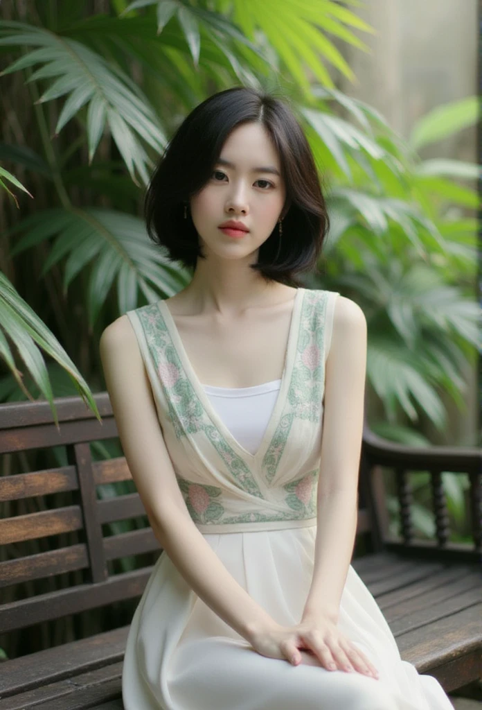 Close-up of a woman, a stunning Asian woman with delicate features, black short wavy Hair, slender body form, wearing a intricately patterned ao yem trang dress, crisp white top, and flowing white skirt, sitting serenely on a weathered wooden bench, enveloped by lush, vibrant green foliage with subtle hints of mist. Soft, warm light casts a gentle glow, accentuating her subtle, enigmatic smile, in ultra-high definition, photorealistic detail.