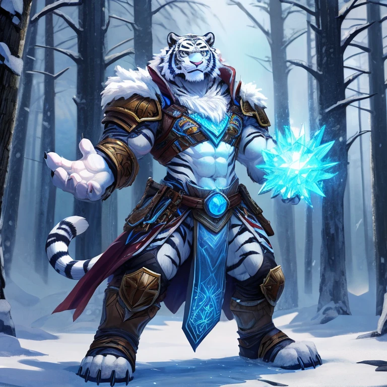 Solo, White Tiger Folk, Male, Snowy forest, Mage armor, powerful build, ready stance, White fur, equal height, Detailed Face ((white fur)), Ice spell, ice mage, detailed hands((4 fingers)), muscular, correct proportions
