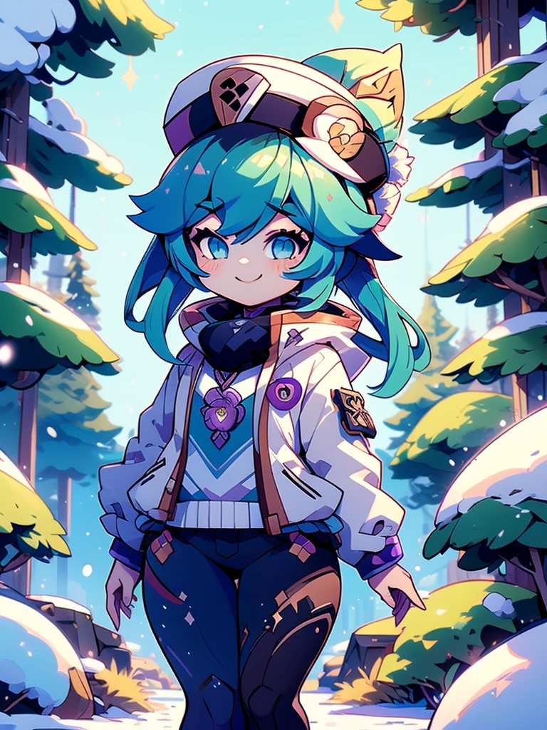 Score_9, Score_8, Score_7, Masterpiece, Hyper detailed, Best Quality, UHD, Ultra high resolution, (16K), (1girl), ((Close up)), (Smile expeession:1.5), (A women wearing nothing but a open jacket and snow cap walking about in a snowy winter wonderland with pine trees in the background), heavy jacket, looking at camera, (random poses), (Genshin impact art style:1.4)