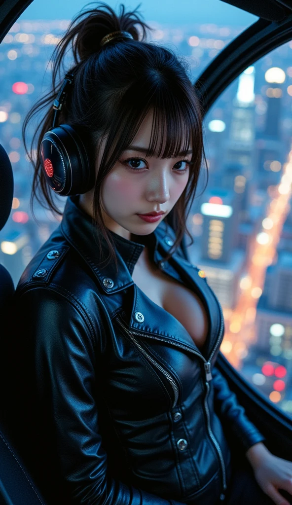 Young asian woman in leather jacket as cyberpunk character on city street. schoolgirl, headphones, necklace, ring, night, neon signage, Japanese sign, futuristic, concept art, painting, illuminated, close-up, detail, sparkling.