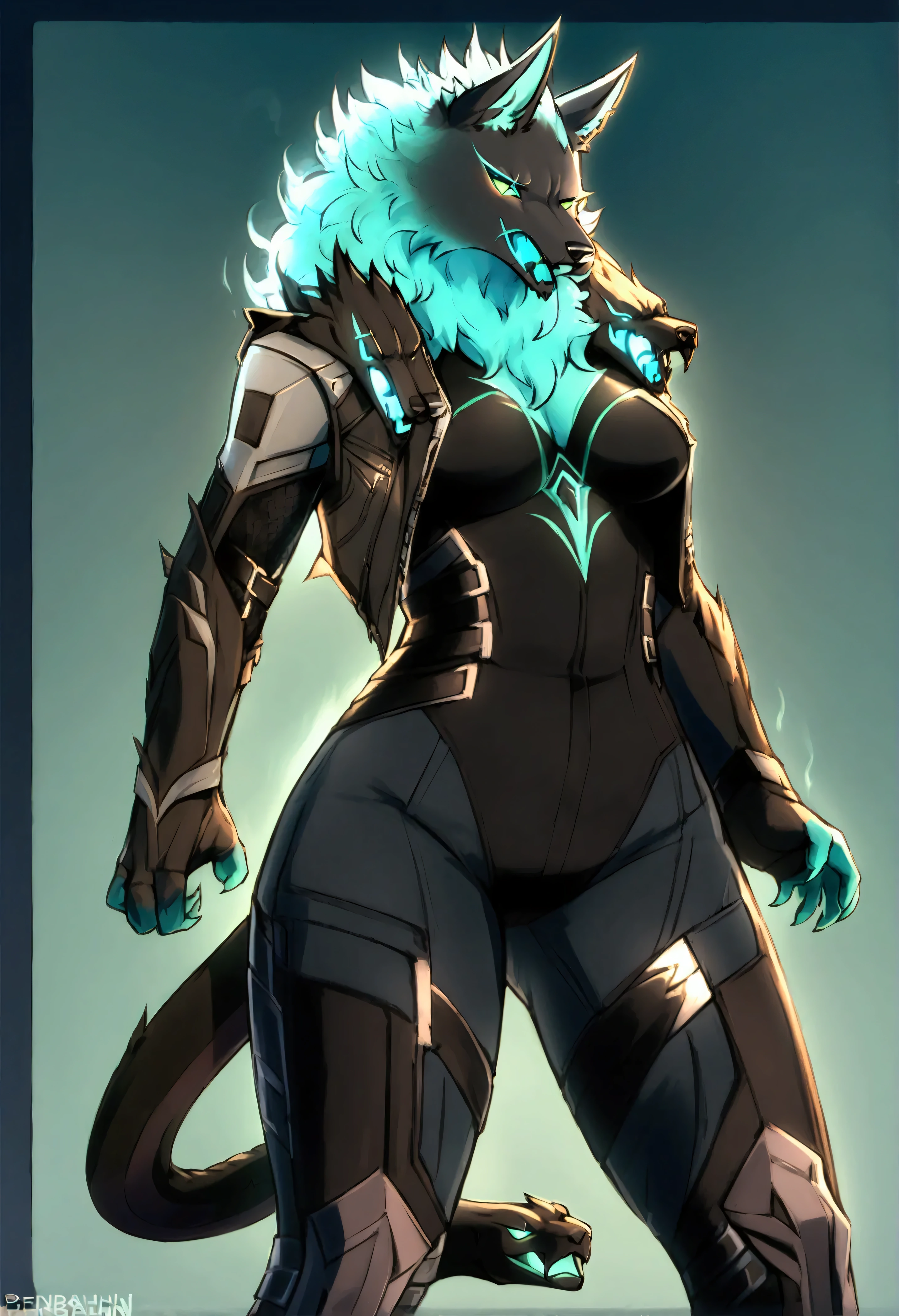 (top quality, best quality, Bahnbahn, High-quality illustrations, masterpiece, perfect artwork, cinematic light and shading, 16k, 1080p, uploaded on e621)(kemono, furry, anthro, alone), 1 female, (very detailed body, face, tail, arms, hands, legs, hair and eyes), wolf, Cerberus, (Fortnite), hunter body, black body, wolf ears, snake tail, wide hips, hair, perfect eyes, green glowing sclera eyes, beautiful one-piece bodysuit, beautiful leather jacket, beautiful leather legwear, body movement, body twitching