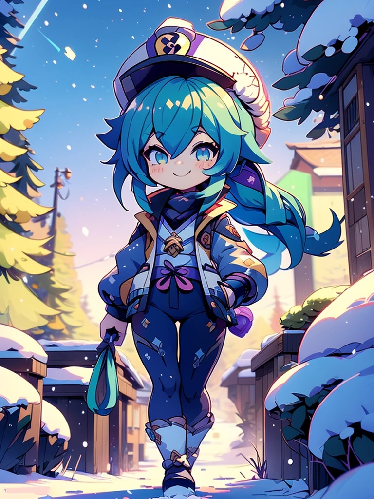 Score_9, Score_8, Score_7, Masterpiece, Hyper detailed, Best Quality, UHD, Ultra high resolution, (16K), (1girl), ((Close up)), (Smile expeession:1.5), (A women wearing nothing but a open jacket and snow cap walking about in a snowy winter wonderland with pine trees in the background), heavy jacket, looking at camera, (random poses), (Genshin impact art style:1.4)