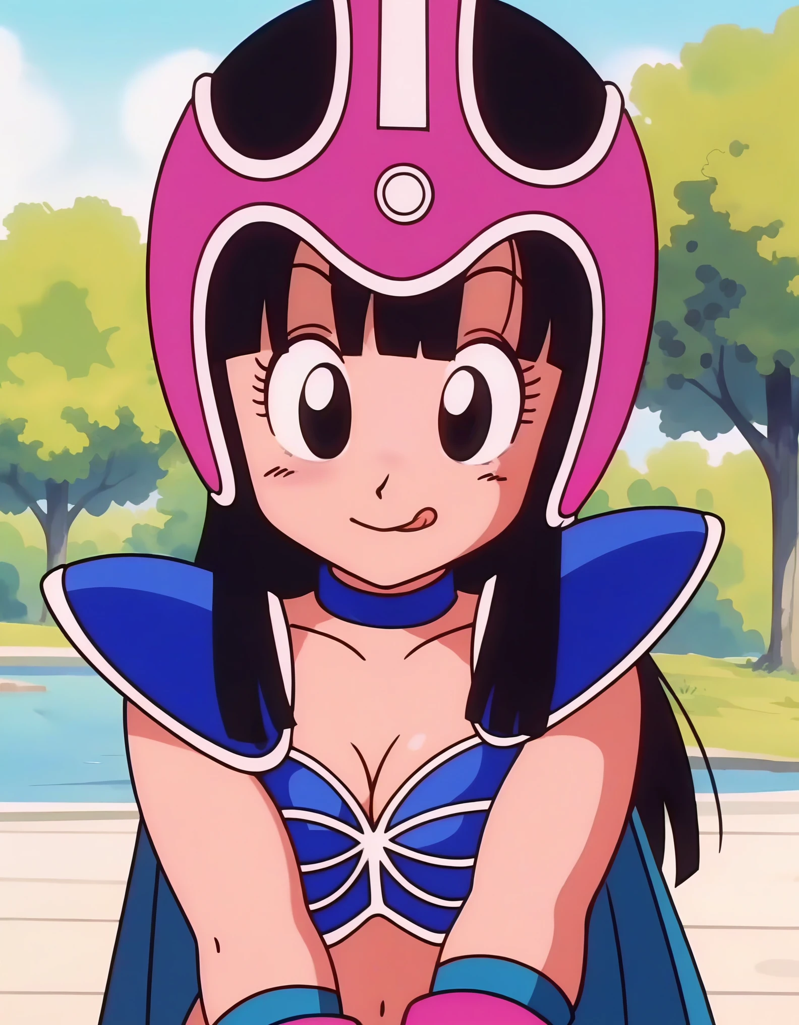 source_anime, score_9, score_8_up, score_7_up, anime screencap,8k, absurdres,
chi-chi, aged down, blue outfit, female , 1girl, long hair, smile, bangs, mouth saliva, saliva heart eyes, black hair, collarbone, upper body, outdoors, pink headwear, blunt bangs, black eyes, helmet, shoulder armor, pauldrons, blue choker, medium ass, medium breasts, tits, tongue out, full body