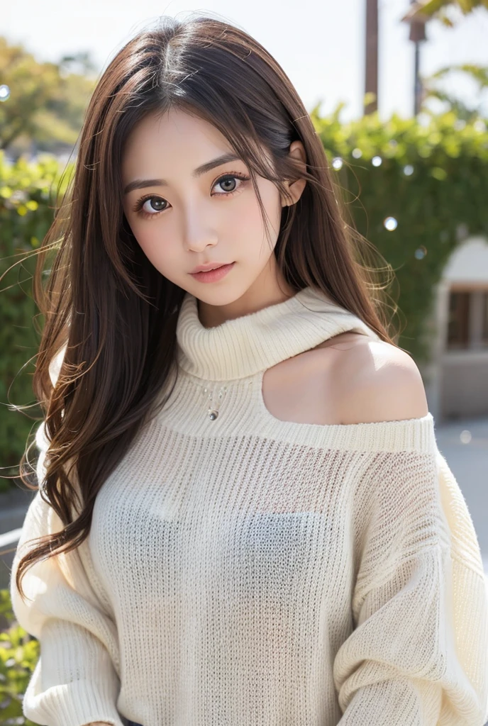 Ultra-high resolution, Superior Quality, Highest quality, Super detailed, Realistic, 8K, RAW Photos, Highest quality, masterpiece, Attractive girl, A wonderful girl, Brown Hair, Shoulder-length layered, Asymmetrical bangs, K-Pop Idols, Sophisticated, stylish, White knit, Shibuya Ward,