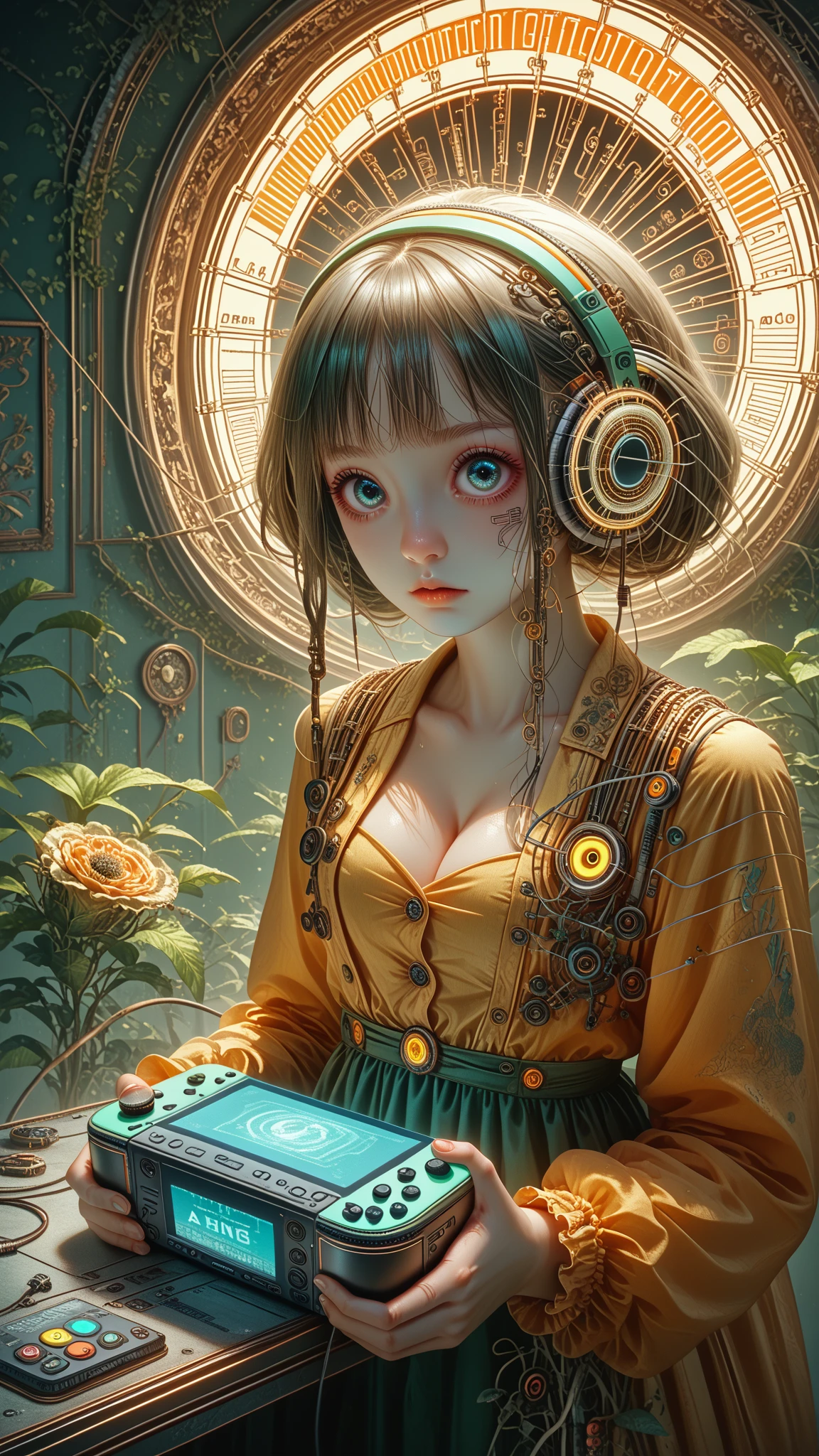 geisha, big eyes, ulzzang, wires, buttons, circuits, vines, twigs, nature, science, dramatic, sexy, romanticism, cyberpunk, neo-classical, experimentalism, baroque, impressionism, expressionism, unexplained beauty, avant garde, art deco, art nouveau, vivid neon colors, (pink, yellow, and orange neon color palette), cubism, geometry, architecture, (playing a handheld gameboy), video game console, insane detail, 16k, video filter, light ray tracing, reverberation, illumination, cleavage, 