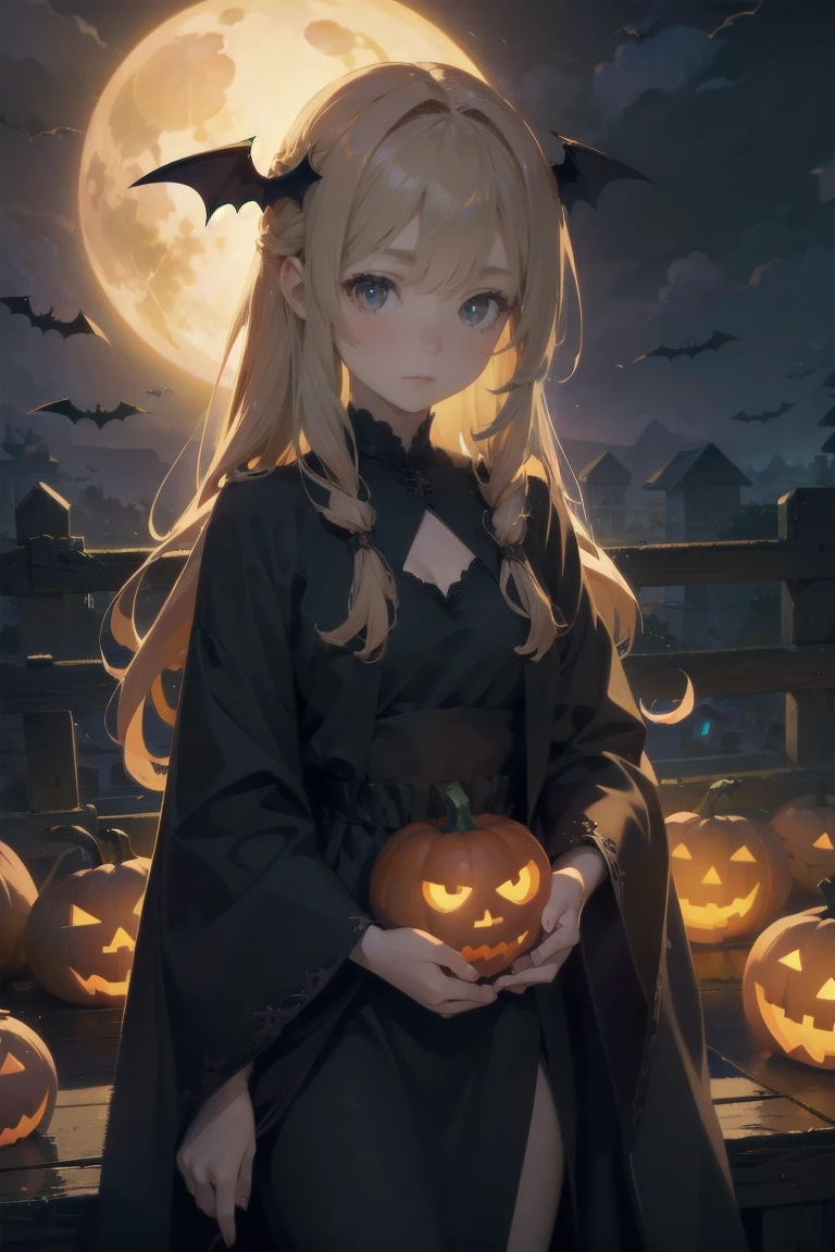  best quality , masterpiece,   Highly Detailed CG Unity 8k Wallpaper  ,(Beautiful and delicate: 1.2),Official Art, 1 girl，，Pumpkin，Bats, Halloween theme 