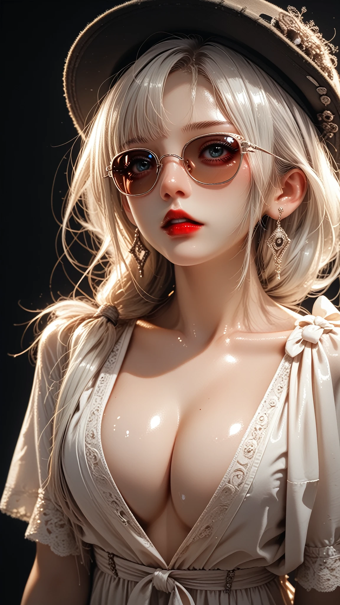 1girl, sunglasses, solo, hat, lipstick, red lips, long white hair, dress, plunging neckline, makeup, monochrome, white background, earrings, cleavage, jewelry, upper body, spot color, hair over shoulder,dark theme,shiny,shiny skin,milf,(young japanese female:1.3), black background, sexy, alluring, red background, 
