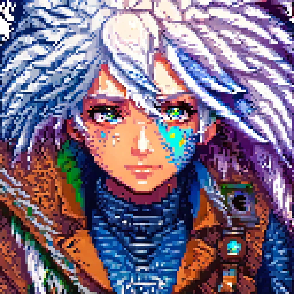 A detailed androgenous anime portrait done in final fantasy style, adventurous rainbow eyes and white hair, rainbow mutations, done in high resolution pixel art