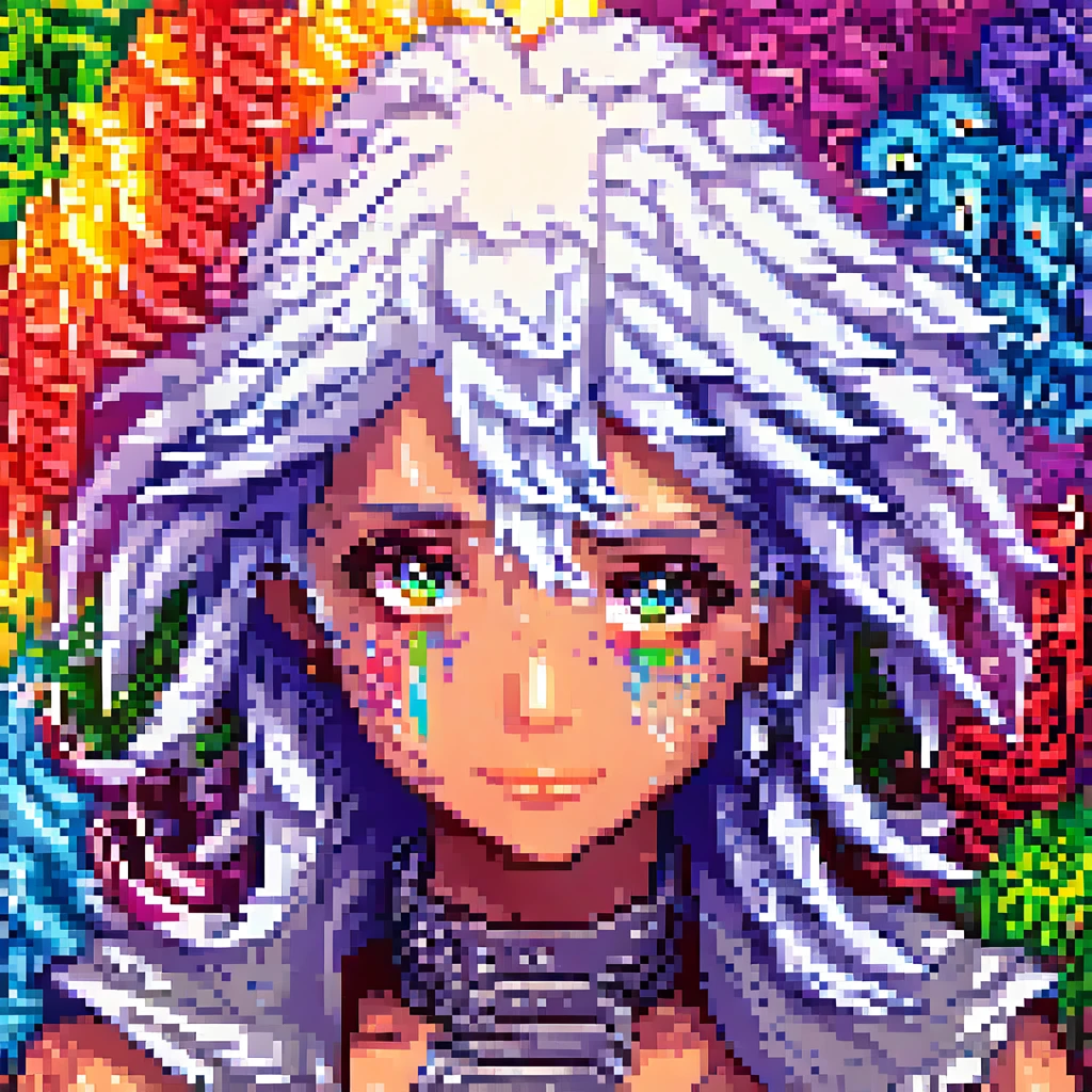 A detailed androgenous anime portrait done in final fantasy style, adventurous rainbow eyes and white hair, rainbow tentacles and fins, done in high resolution pixel art