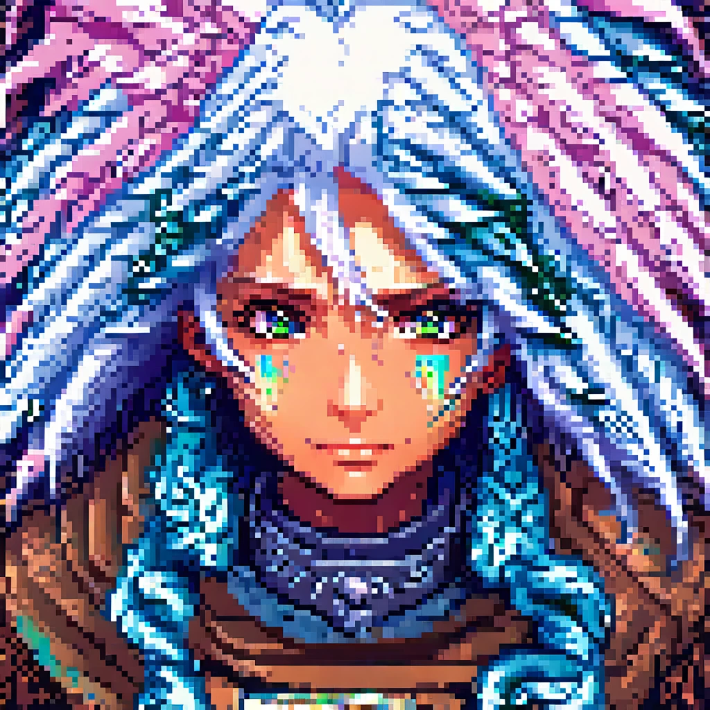 A detailed androgenous anime portrait done in final fantasy style, adventurous rainbow eyes and white hair, tentacles and fins, done in high resolution pixel art