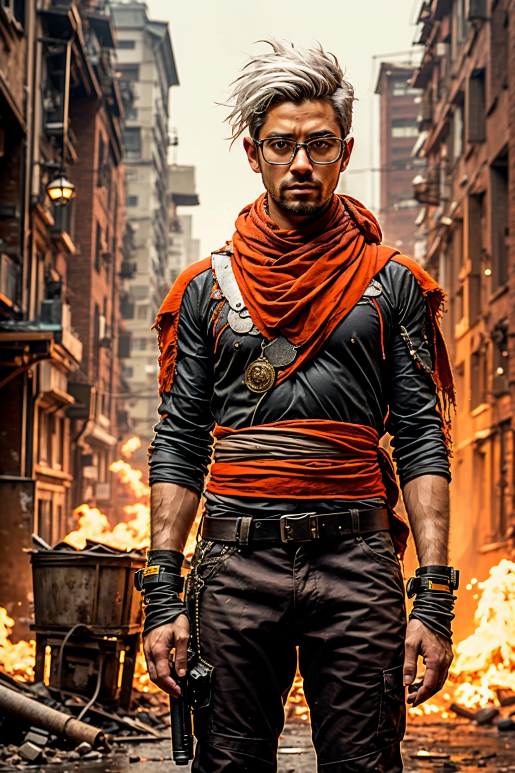 Futuristic character, full body, slim figure, short hair, white hair, standing in post-apocalypse in year 2050, shawl wrapped around waist, elbow wrapped in rope to lower left arm, life and orange in pattern, apocalyptic gun, accessory in hand and in collars, Futuristic glasses in the post-apocalypse, turned around body in side, Incendiary grenade, cowboy pants. scarf wrapped around waist.