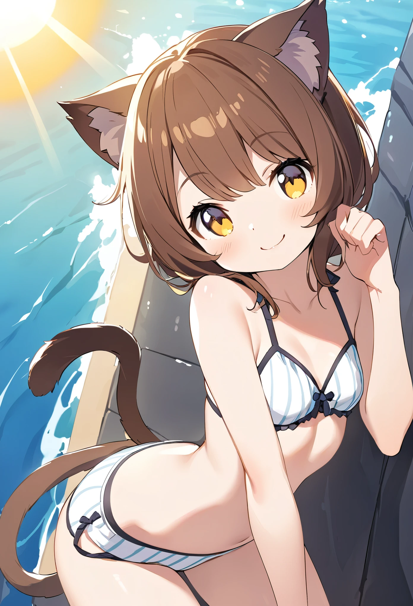 Best Quality、underwear、sea、Cat ears and tail、Cute single tusk、 very small breasts 、Brown Hair、無邪気なsmile、The sun shines、 Sunny、smile、 sexy pose