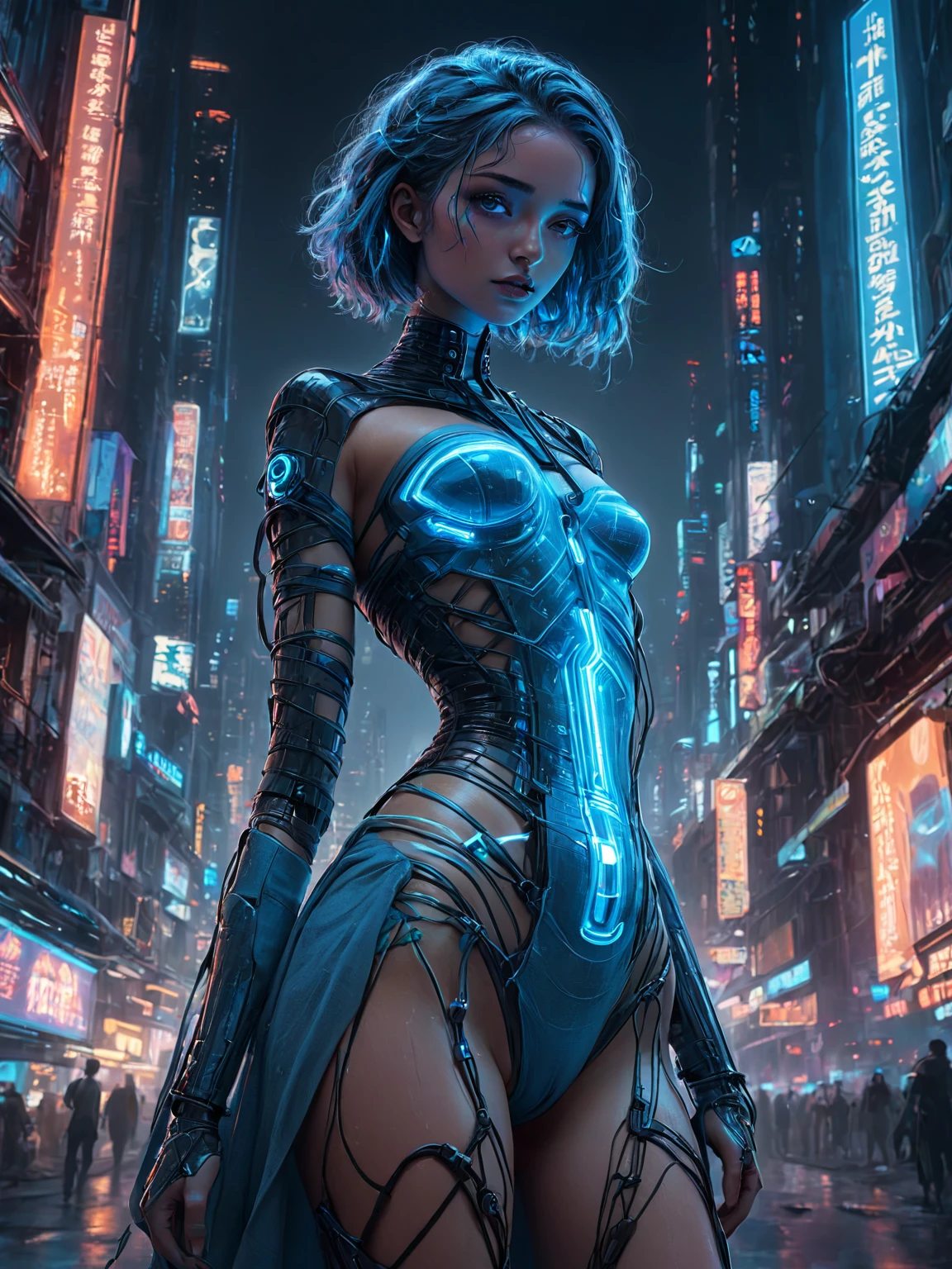 (masterpiece, best quality, very aesthetic, absurd), (8k, RAW photo), (highly detailed 8k wallpaper), 1 girl,

A beautiful mummy cyborg girl stands on the rooftop of a skyscraper in a futuristic city at night. The girl is wrapped in a mixture of old bandages and cybernetic materials that incorporate glowing neon lines and emit a soft, electric blue light. Her eyes glow like a hologram and some mechanical parts are visible on her limbs, blending seamlessly with the texture of the old bandages. In the background is the neon-lit skyline of a futuristic city with skyscrapers and glowing advertisements. The wind gently blows her old cloth bandages and hair, creating a dynamic, otherworldly atmosphere. (Old cloth bandages wrapped around the body.:1.3), 

Dynamic angles, dynamic poses.