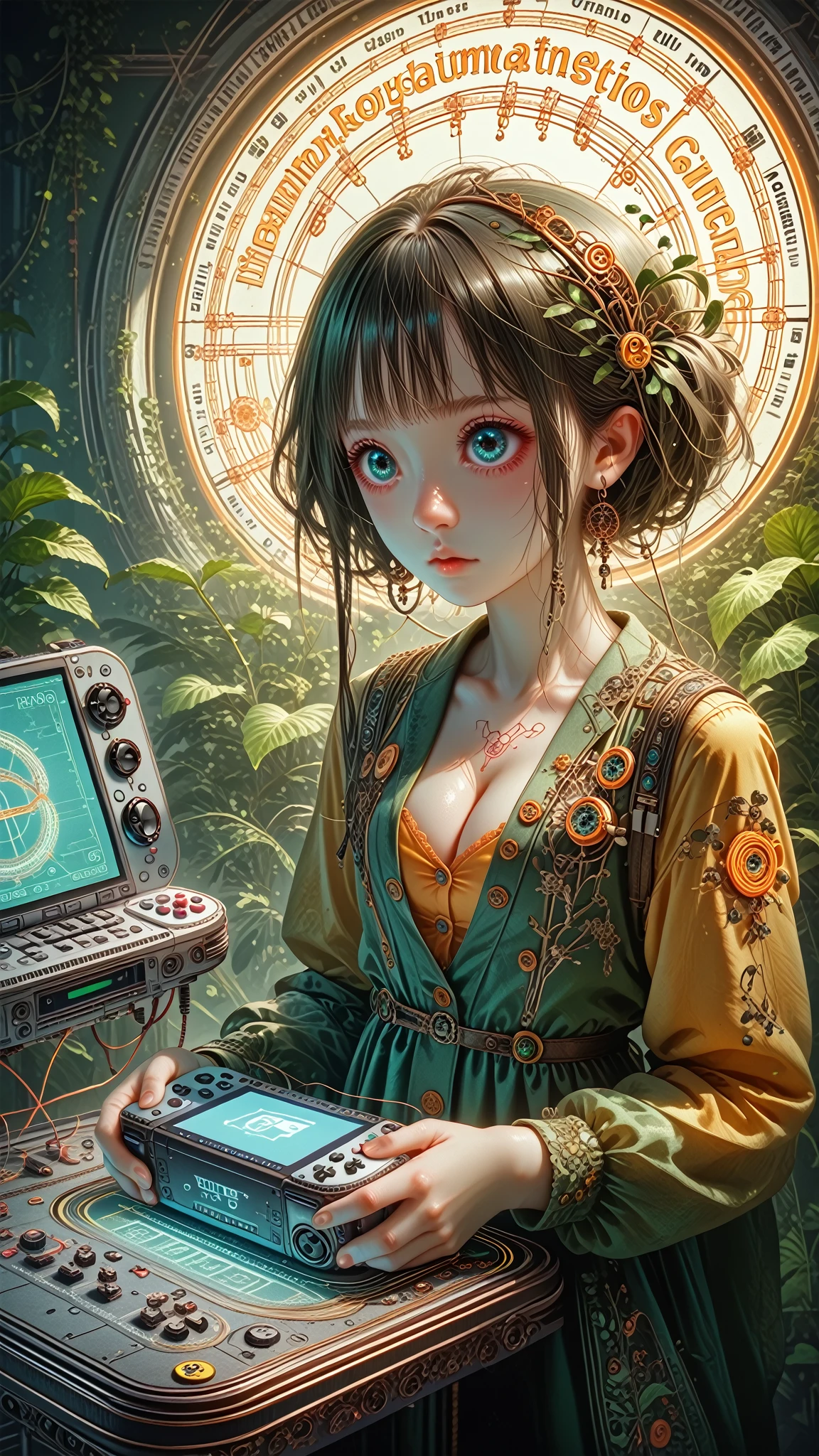 geisha, big eyes, ulzzang, wires, buttons, circuits, vines, twigs, nature, science, dramatic, sexy, romanticism, cyberpunk, neo-classical, experimentalism, baroque, impressionism, expressionism, unexplained beauty, avant garde, art deco, art nouveau, vivid neon colors, (pink, yellow, and orange neon color palette), cubism, geometry, architecture, (playing a handheld gameboy), video game console, insane detail, 16k, video filter, light ray tracing, reverberation, illumination, cleavage, 