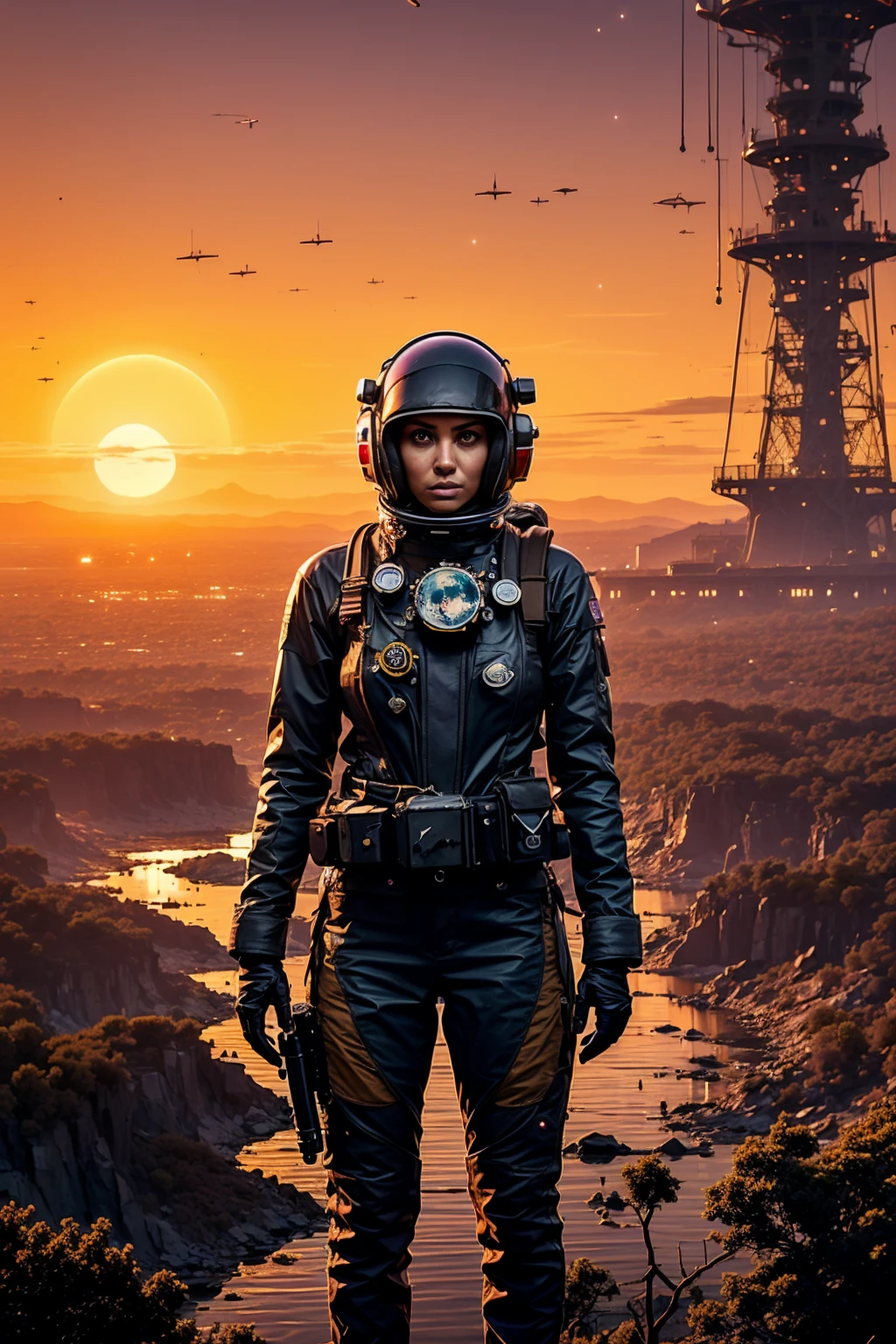 Masterpiece, post apocalyptic landscape in swampland, Iranian solitary female astronaut, Iranians flag in arm, dusty radio dish antenna, Electric Purple, utility belt, Metallic Gray Zinc, HDR, the best quality, body-tight suit, intricate, the most fantastic details, cinematic composition, dramatic lighting, full body, celestial bodies in the sky, dead trees, dry bushes, realistic reflections, sunset, a military compound, to scale, , sad, dynamic posture, astronaut laser gun, Iranian flag in background.
