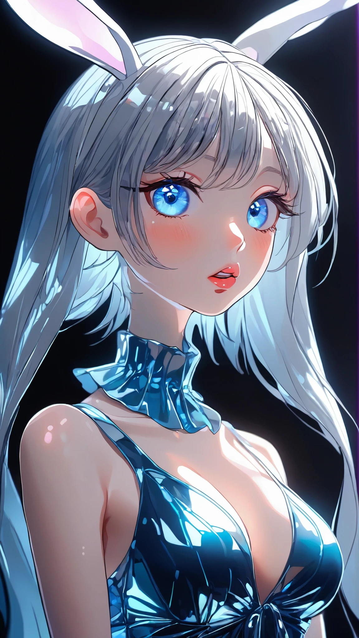 One girl, Medium Hair, silver hair, blue long dress, blue Bunny ears , She has large expressive blue eyes,Backlight, Black Light, Beautiful fine details, Beautiful lip detail, Beautifully detailed face, Long eyelashes, Glowing Skin, Mysterious, Mysterious, Surreal, Dramatic lighting, neon, UV rays, psychedelic, Vibrant colors, High resolution, Cinematic, Atmospheric, Harajuku Fashion Akihabara, Transparent color PVC clothing, Transparent Color Vinyl Clothing, Prismatic, Holographic, chromatic aberration, Colorful gradient, cleavage, solid black background,
