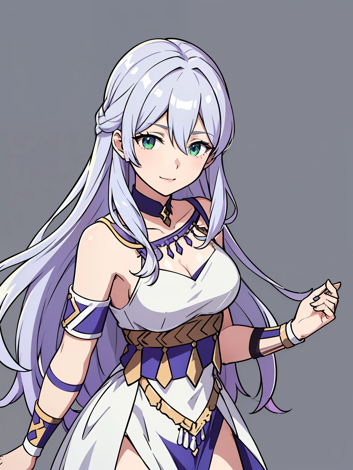 (high-quality, breathtaking),(expressive eyes, perfect face) 1girl, female, portrait, solo, young adult, neutral expression, cute smile, Symmetrical Eyes, Symmetrical ears, grey background, long hair, wavy spiky hair, fire emblem three houses art style, fe3h, white hair, green eyes, danceroutfit, blue danceroutfit
