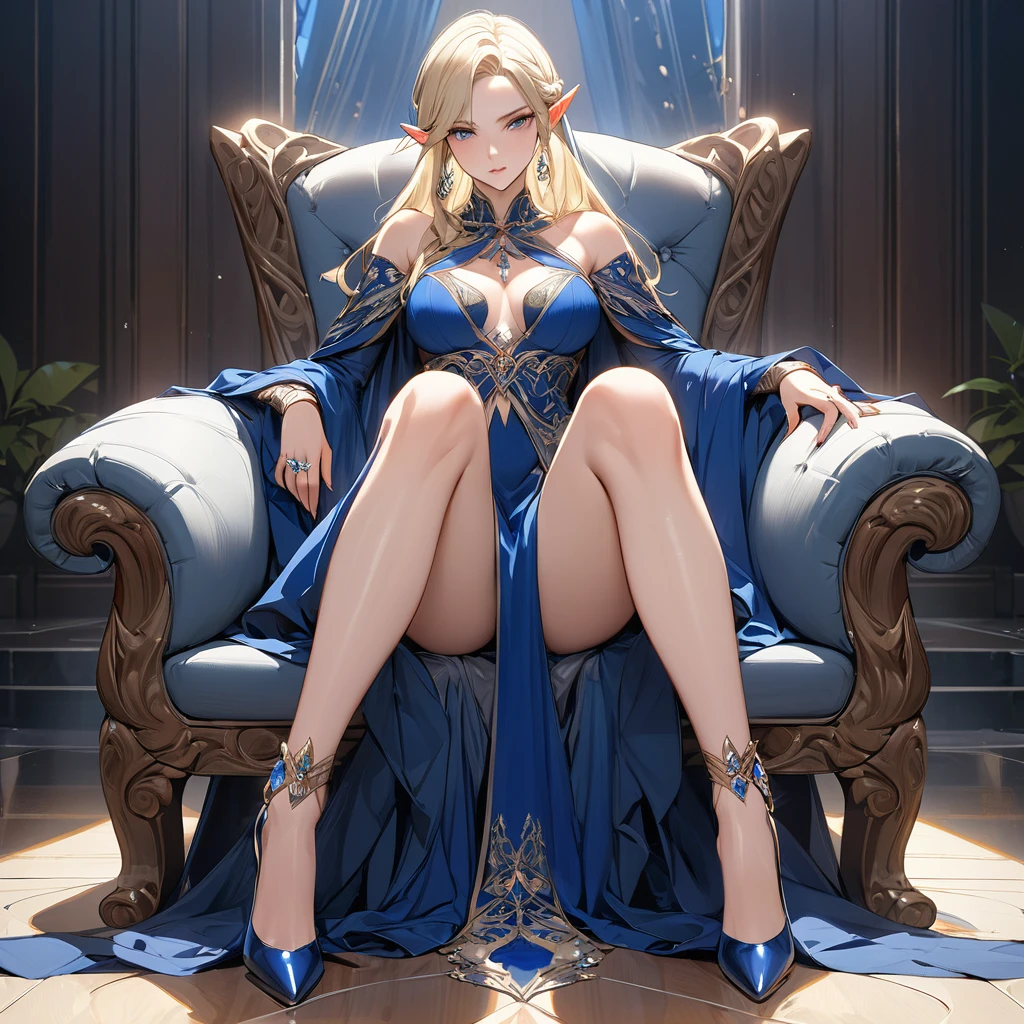 (( best quality )), ((masterpiece)), ( Details), （ perfect face）、 that woman was Selas Ashlein,  medium length blond high elf ,  wearing blue slit , Gorgeous jewelry and engagement rings .full body,(Sit with your legs apart)